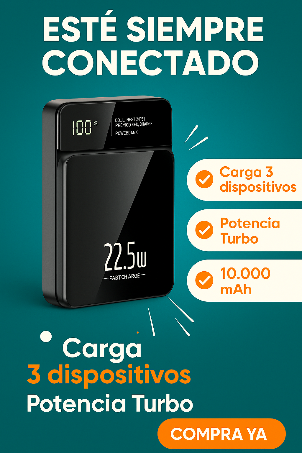 POWER MAX PRO- puedes cargar hasta 3 dispositivos al mismo tiempo, en tiempo récord y sin depender de enchufes.